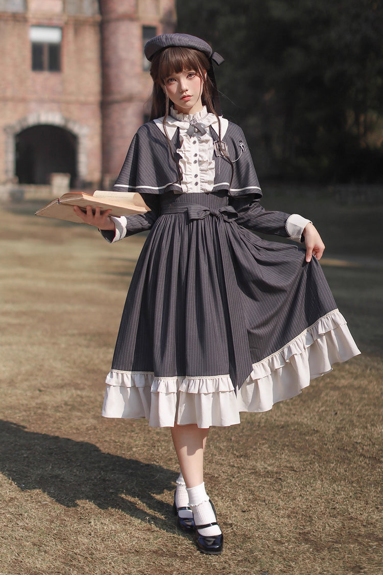 Dark Blue [Berlin Evening News] Long Sleeves Striped Print Ruffle Bowknot British College Style Elegant Sweet Lolita Dress - Product - 22