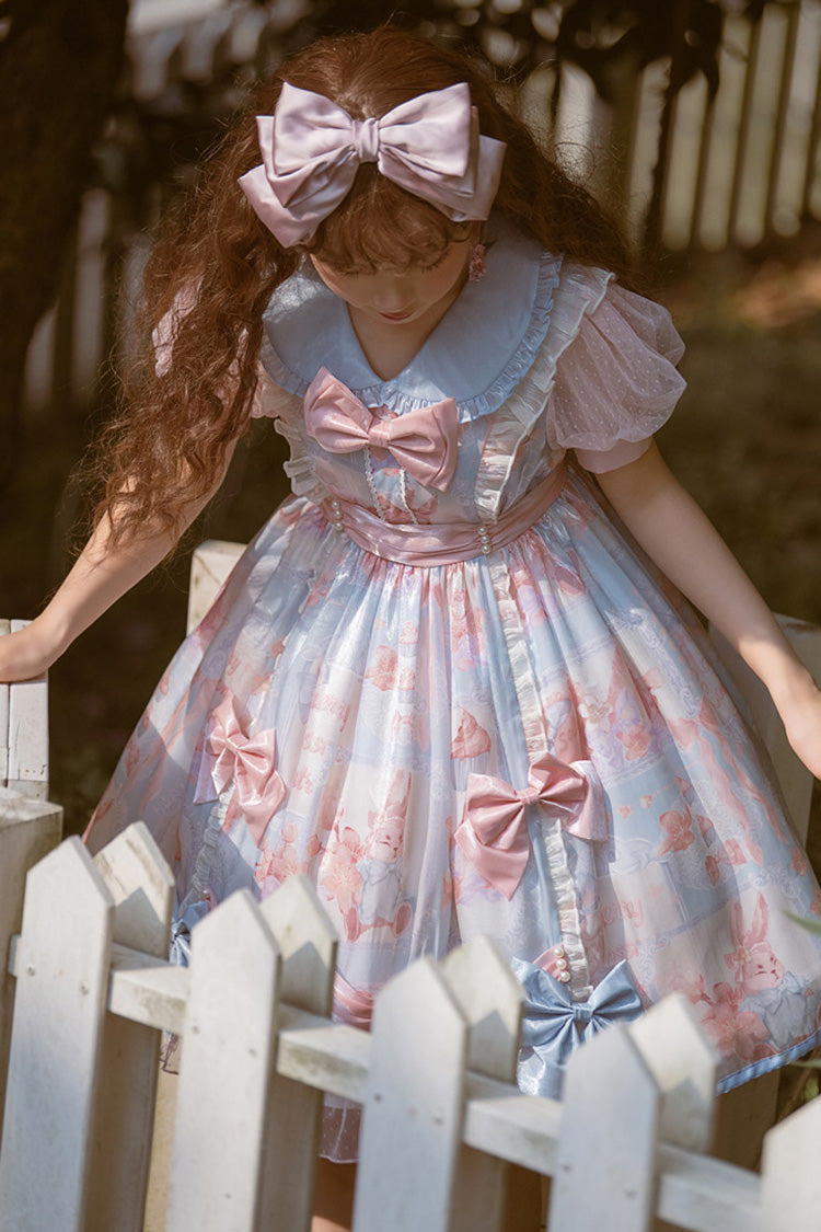 Pink/Blue Doll Collar Short Sleeves Rabbit Candy Paper Print High Waisted Sweet Lolita OP Dress - Product - 5