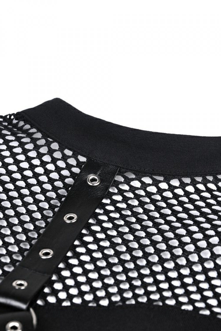 Black Off Shoulder Long Sleeves Mesh Crossed Harness Straps Eyelet Sexy Women's Punk Top - Product - 16