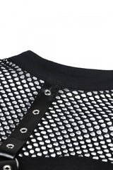 Black Off Shoulder Long Sleeves Mesh Crossed Harness Straps Eyelet Sexy Women's Punk Top - Product - 16