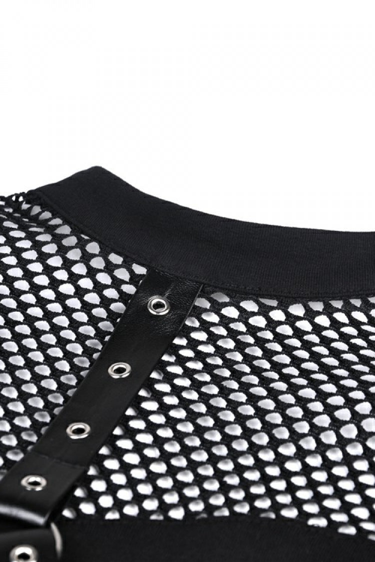 Black Off Shoulder Long Sleeves Mesh Crossed Harness Straps Eyelet Sexy Women's Punk Top - Product - 16