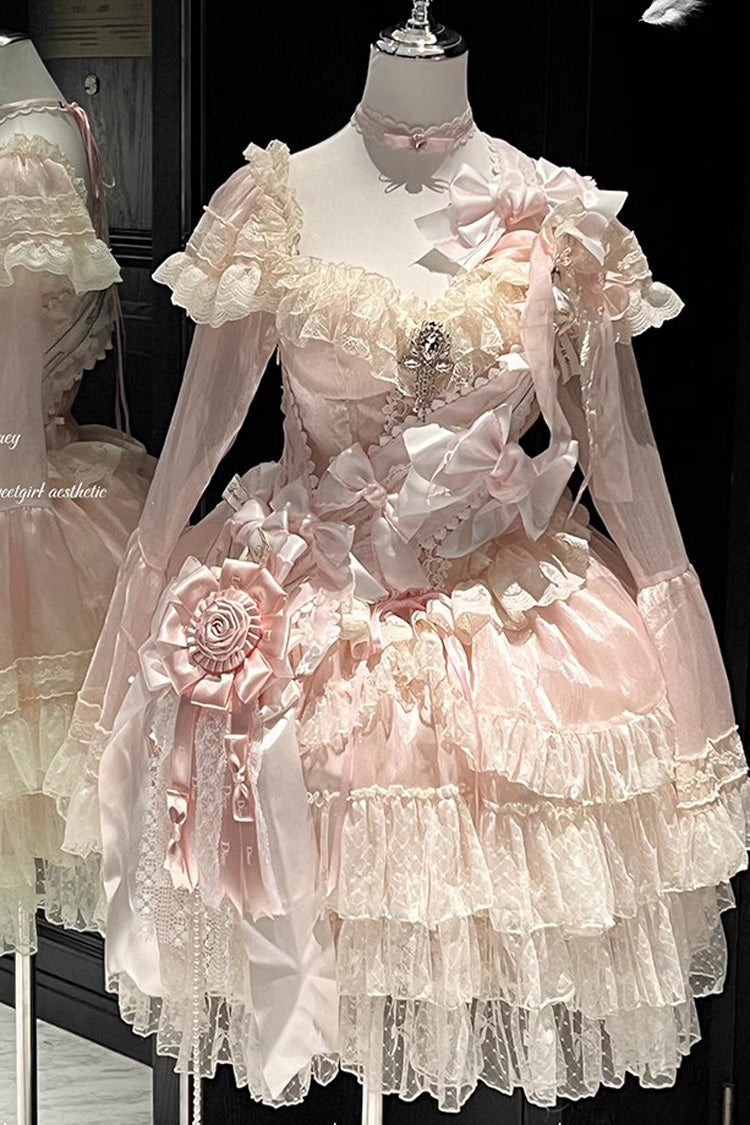 Princess Off Shoulder Multi-Layered Ruffle Bowknot Lace Sweet Elegant Lolita Strapless Dress - Product - 4