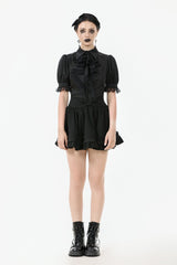 Black Point Lapel Collar Short Puff Sleeves Women's Gothic Blouse with Removable Rosette Cravat - Product - 7