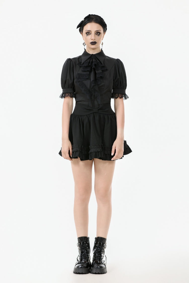 Black Point Lapel Collar Short Puff Sleeves Women's Gothic Blouse with Removable Rosette Cravat - Product - 7