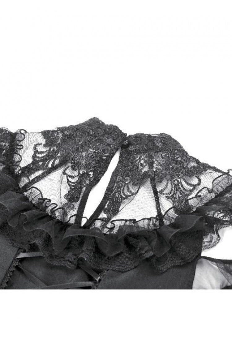 Black Cut-Out Multi-Layered Ruffled Long Trumpet Sleeves Sheer Mesh Splice Lace Lace-Up Women's Gothic Dress - Product - 12