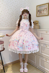 Pink [Cute Rabbit Sweet Cake] Print Ruffle Bowknot Lace Sweet Lolita Jsk Dress - Product - 3