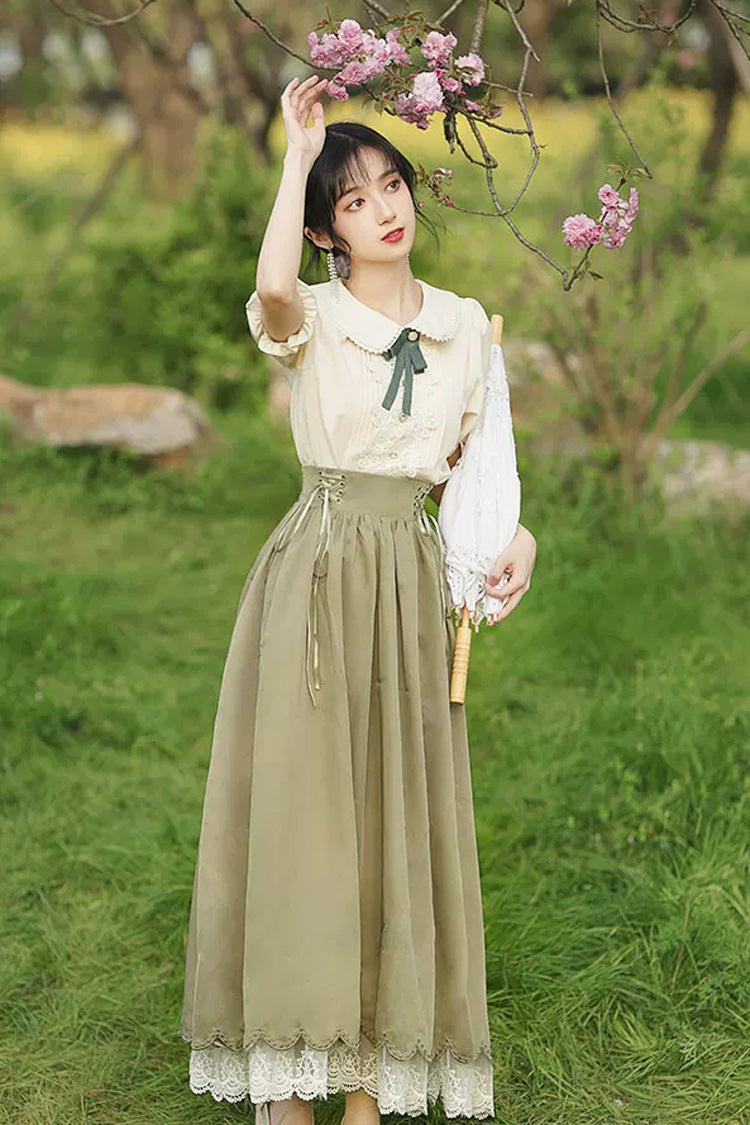 Solid Color Lapel Collar Short Sleeves High Waisted Lace-Up Wave Hem Classic Lolita Two-Piece Skirt Set 7 Colors - Green - 10