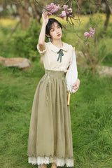Solid Color Lapel Collar Short Sleeves High Waisted Lace-Up Wave Hem Classic Lolita Two-Piece Skirt Set 7 Colors - Green - 10