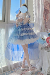Blue Multi-Layered Ruffled Hanayome Bow Pearl-Decorated Sweet Lolita Jsk Dress Full Set 2 Versions - Blue(Short Version) - 5