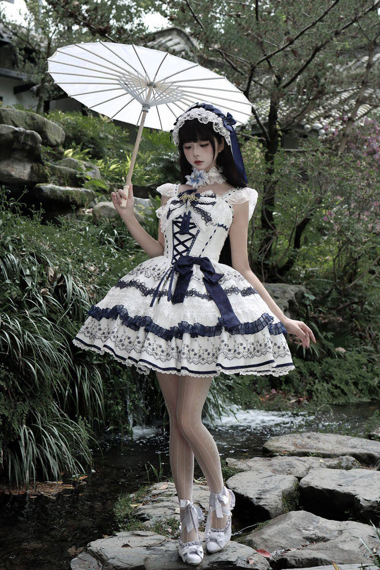 White/Blue [Mandarin Duck Rhapsody] Sleeveless Porcelain Printed Ruffled Bow Lace Chinese Style Sweet Lolita Jsk Dress - Product - 9