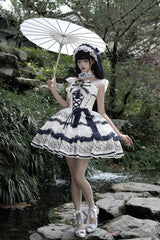 White/Blue [Mandarin Duck Rhapsody] Sleeveless Porcelain Printed Ruffled Bow Lace Chinese Style Sweet Lolita Jsk Dress - Product - 9