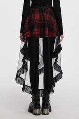 Black/Red Ruffle Stitching Mesh Plaid High/low Women's Gothic Skirt - Product - 3