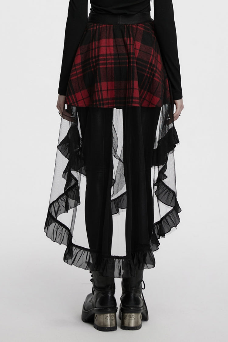 Black/Red Ruffle Stitching Mesh Plaid High/low Women's Gothic Skirt - Product - 3