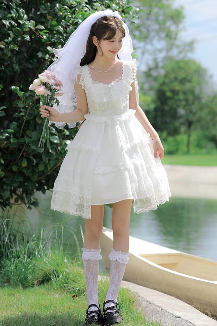 White Ruffle Cardigan Bowknot Lace Sweet Princess Lolita Jsk Dress - White - 1