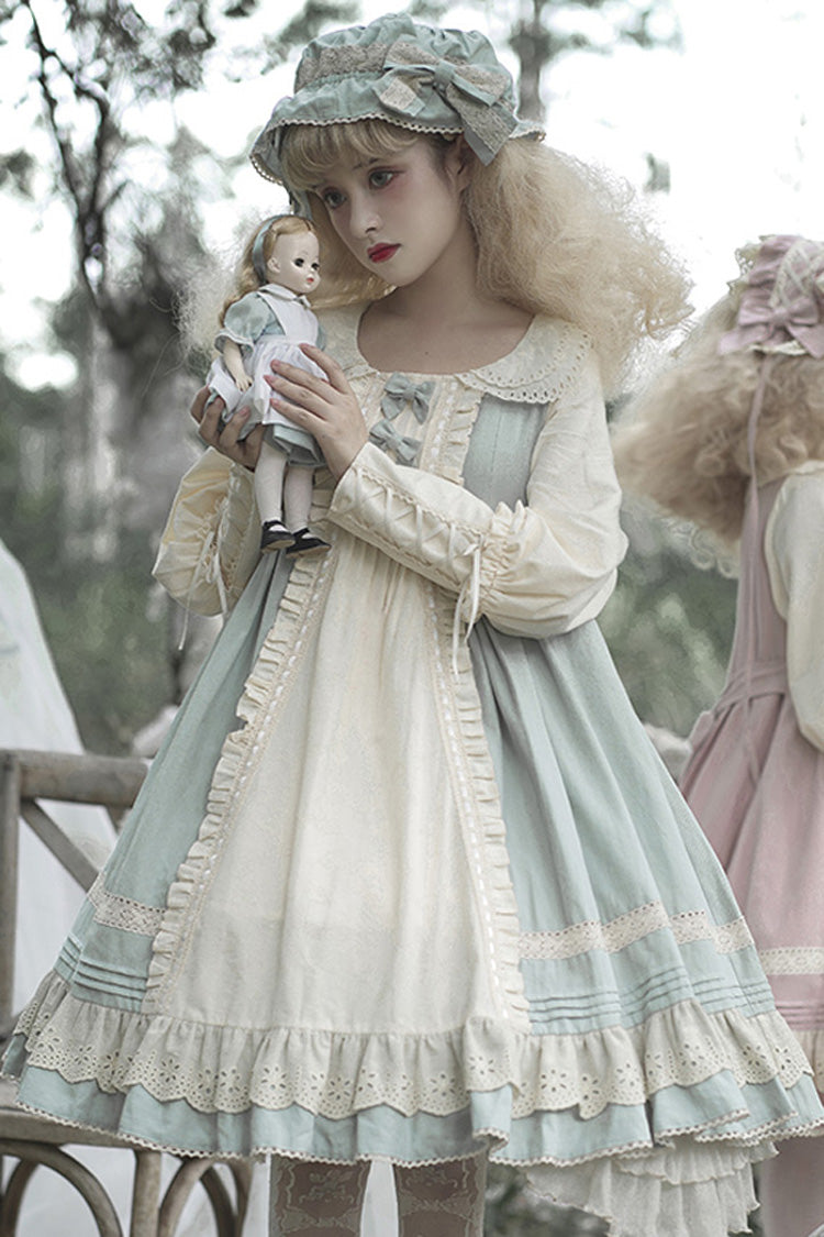 Retro Doll Collar Long Sleeved Ruffled Cotton Sweet Lolita OP Dress - Blue - 3