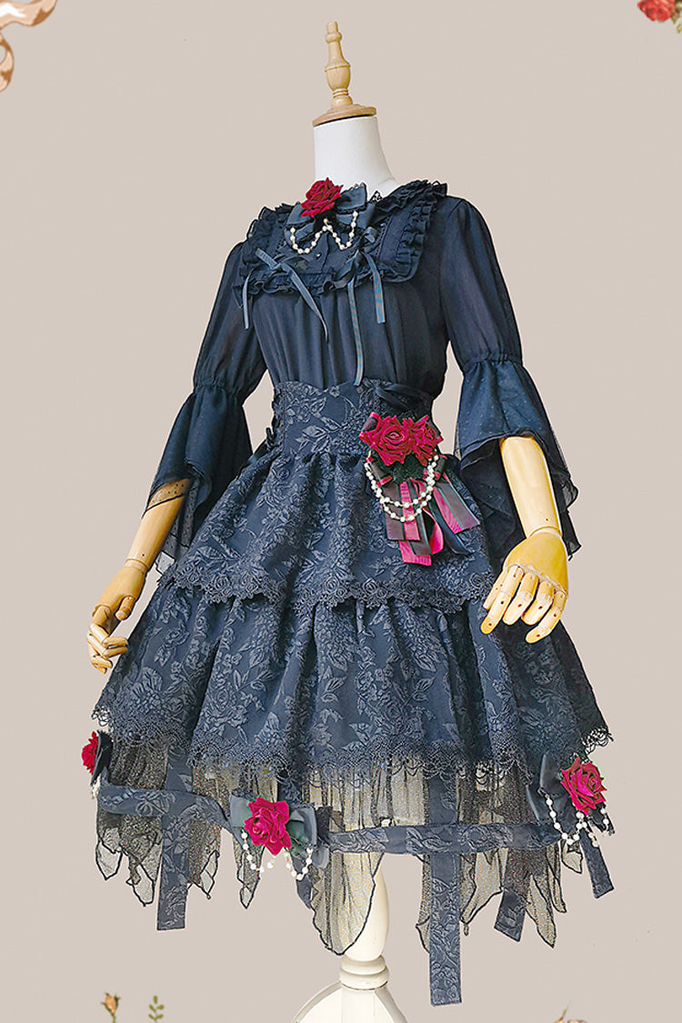 Black [Apprentice Witch] Double-Layered Ruffle Lace Gothic Lolita Skirt - Product - 12