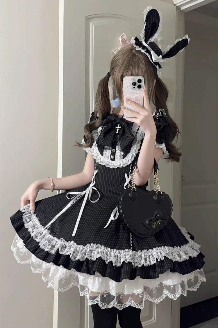 Black [Pilgrimage Rabbit] Round Collar Short Sleeves Triple-Layered Striped Printed Ruffled Bow Lace-Up Gothic Lolita Dress - Black - 1