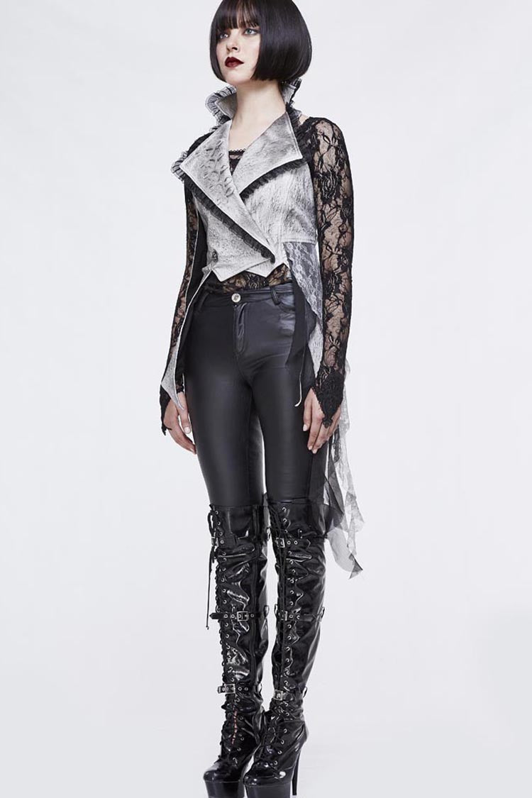 White Painted Back Lace Up Lace Hem Asymmetrical Women's Gothic Waistcoat - Product - 5