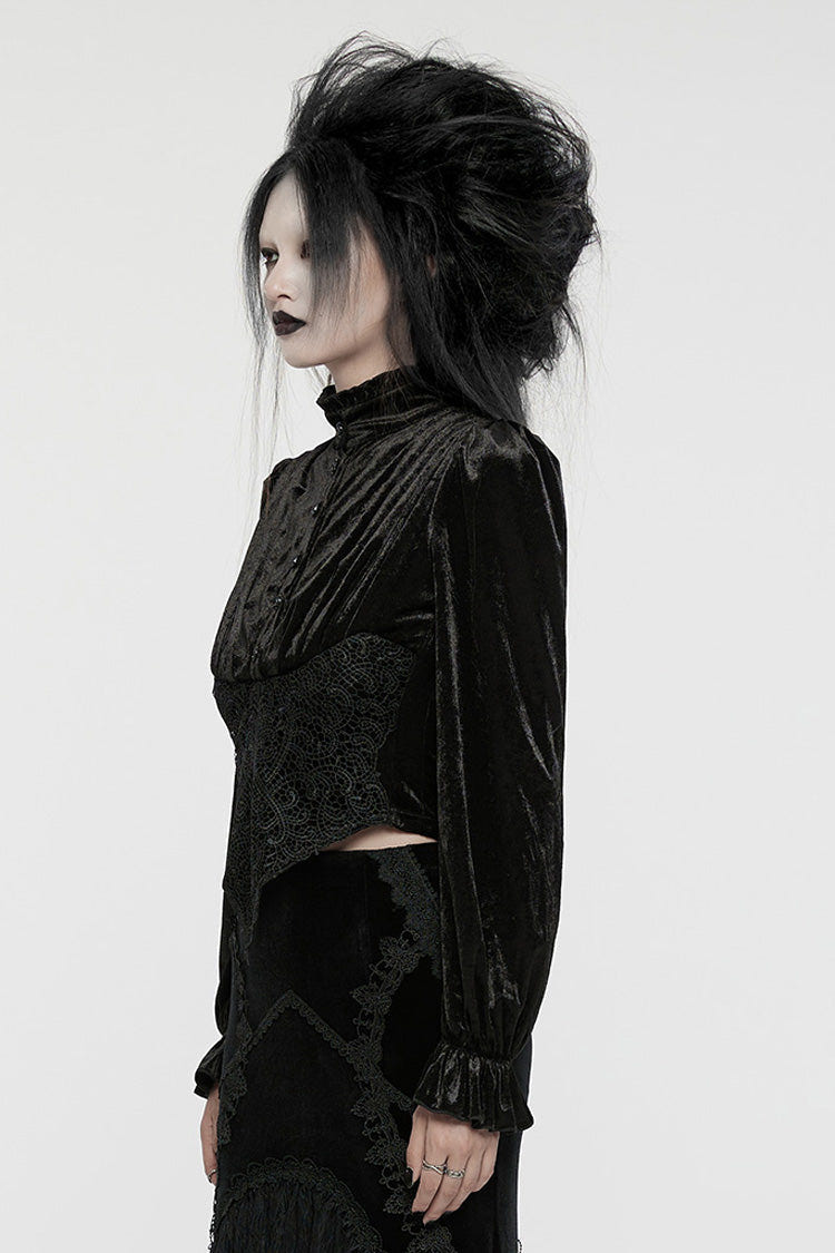 Black Stand Collar Irregular Pleated Velvet Women's Gothic Blouse - Product - 2