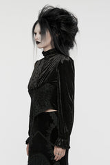 Black Stand Collar Irregular Pleated Velvet Women's Gothic Blouse - Product - 2