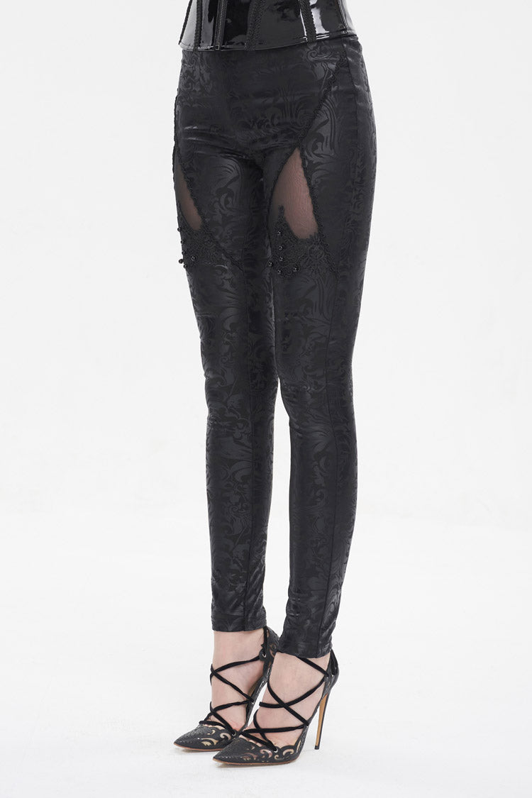 Black Floral Embroidered Mesh Splice Women's Gothic Leggings - Product - 4