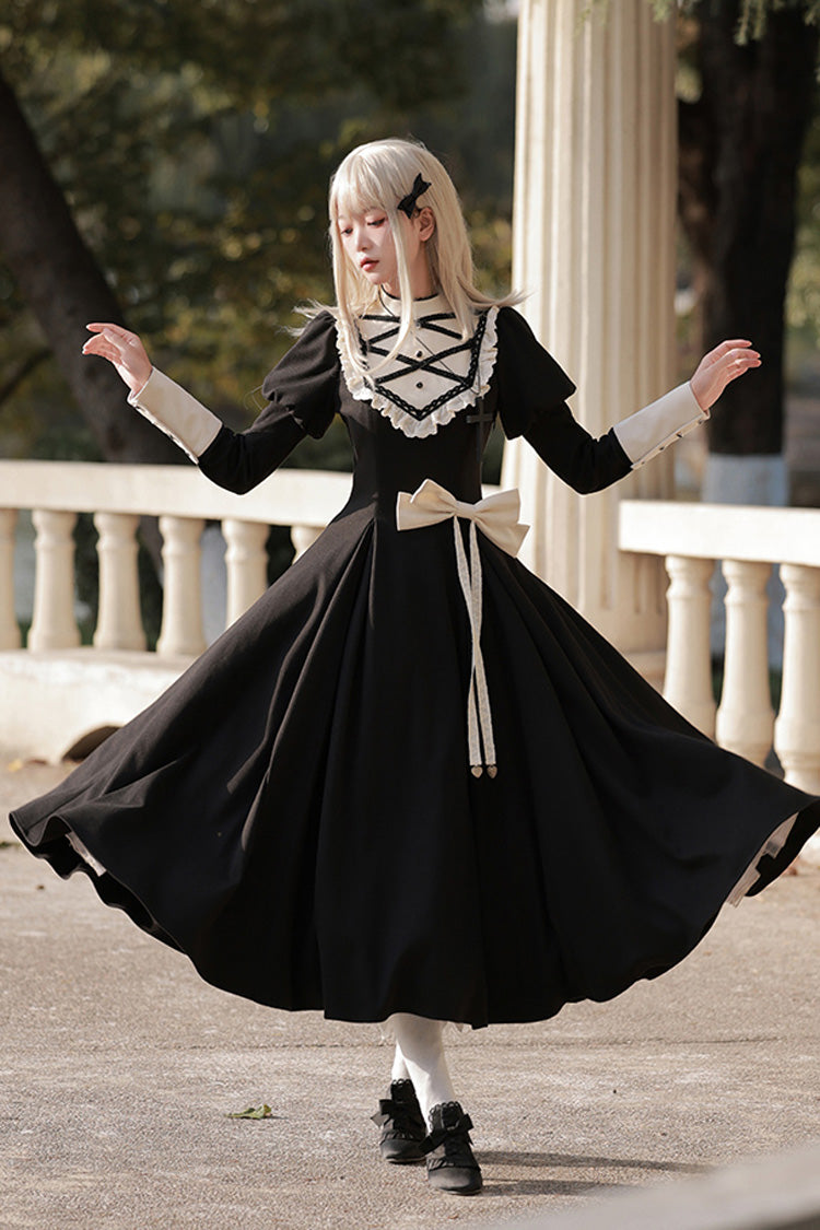 Black Nun Style Stand Collar Long Sleeves Ruffle Bowknot Gothic Elegant Lolita Dress - Black - 1