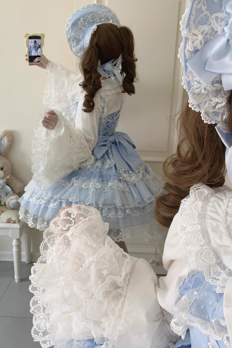 Blue [Love Overture] Multi-Layered Ruffle Bowknot Lace Sweet Lolita Jsk Dress - Product - 10