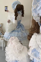 Blue [Love Overture] Multi-Layered Ruffle Bowknot Lace Sweet Lolita Jsk Dress - Product - 10