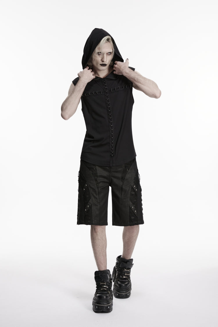 Black Lace-Up Studded Eyelet Men's Punk Cool Shorts - Product - 8