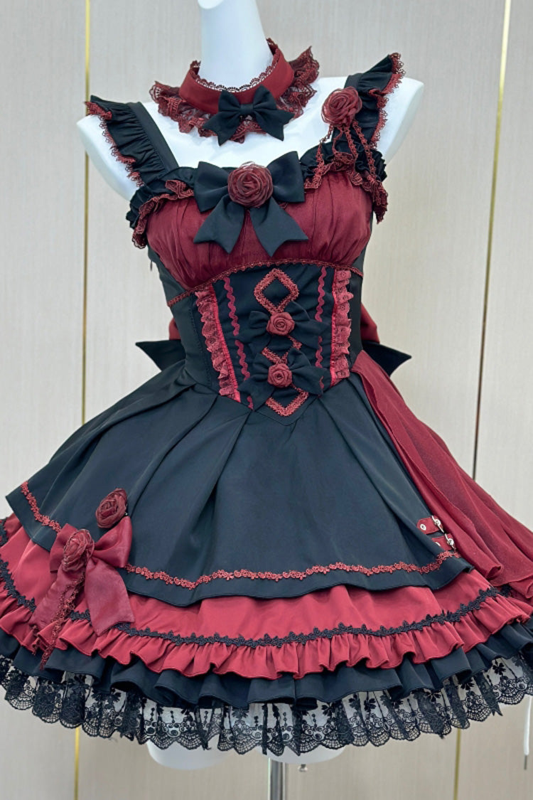 Shadow Rose Sleeveless Multi-layer Ruffle Bowknot Stitching Gothic Lolita Jsk Dress 5 Colors - Black/Red - 7