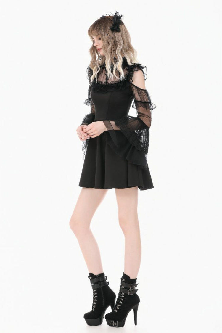 Black Cut-Out Multi-Layered Ruffled Long Trumpet Sleeves Sheer Mesh Splice Lace Lace-Up Women's Gothic Dress - Product - 2
