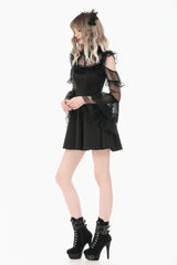 Black Cut-Out Multi-Layered Ruffled Long Trumpet Sleeves Sheer Mesh Splice Lace Lace-Up Women's Gothic Dress - Product - 2
