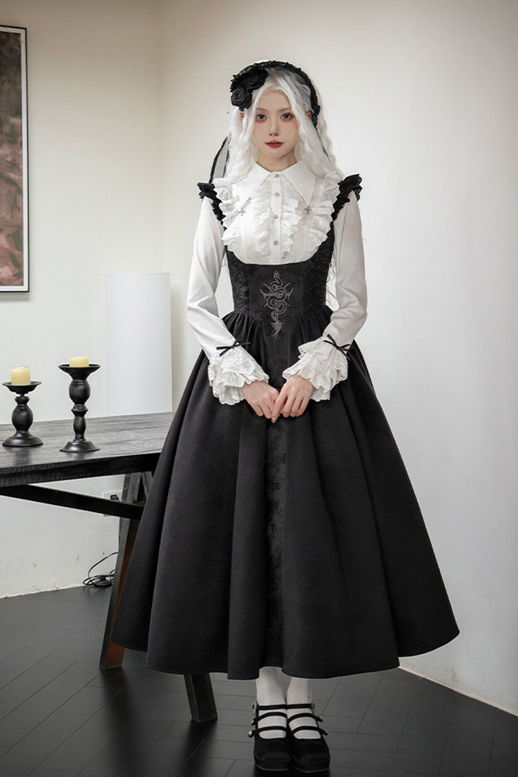Black Cross Snake Pattern Print Embroidery Gothic Lolita Strap Dress - Product - 3