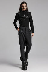 Black Leather Trim Stitching Rivet Men's Punk Pants - Product - 4