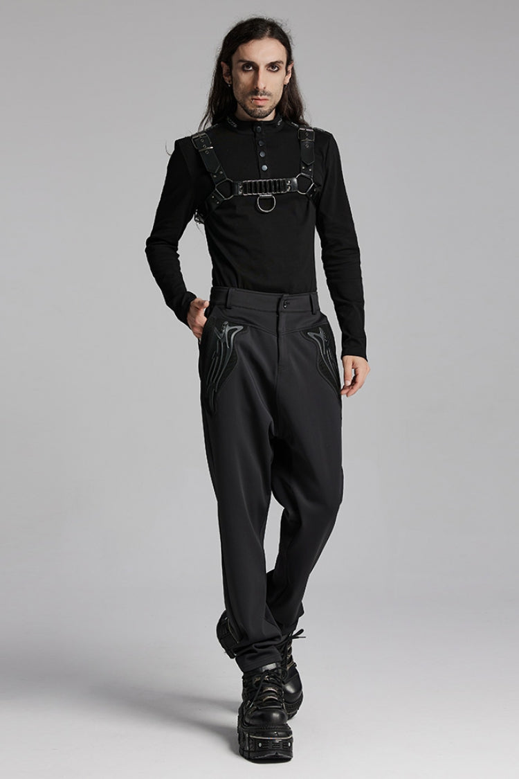 Black Leather Trim Stitching Rivet Men's Punk Pants - Product - 4