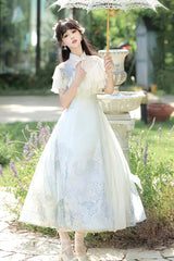 White [Hydrangea Message] Short Sleeves Print Ruffle Lace Sweet Chinese Style Elegant Lolita Dress - Product - 9