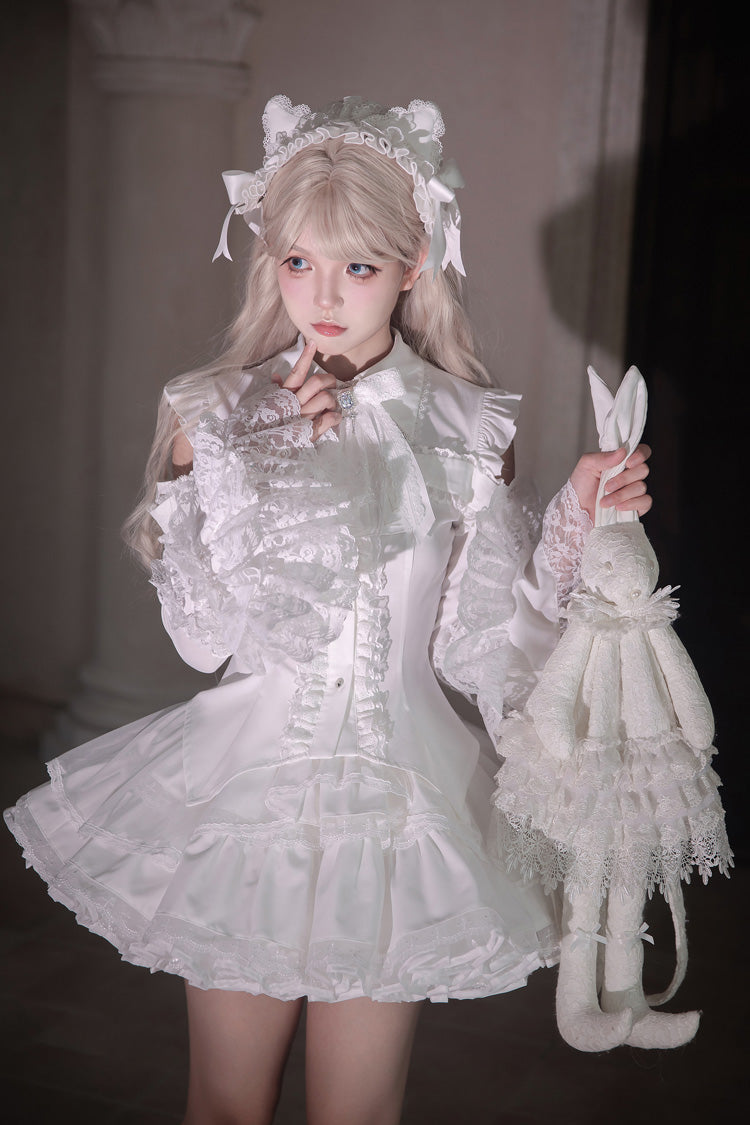 White [Snowy Night Princess] Lapel Collar Long Hime Sleeves Ruffled Bow Lace Gothic Jirai Kei Japanese Skirt Set - Product - 7
