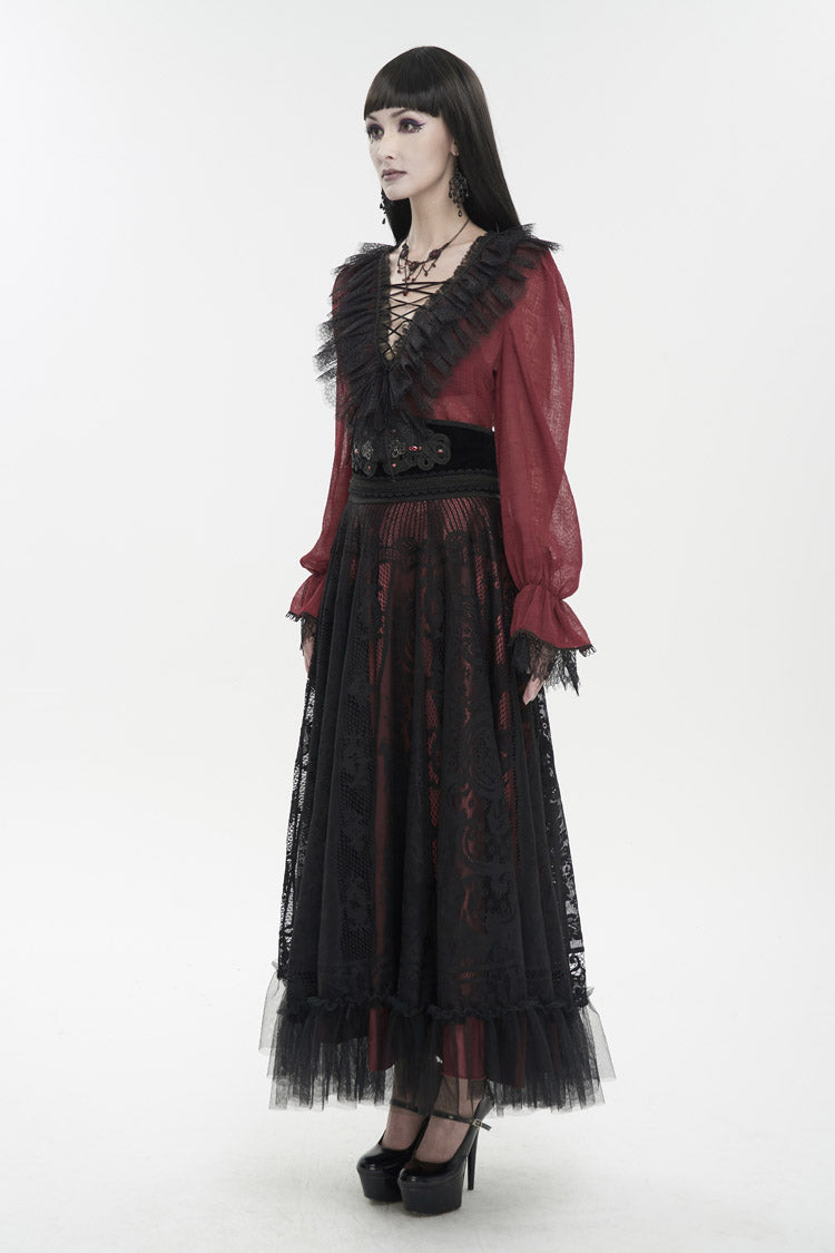 Red Thin Waist Plaid Stitching Layered Lace Long Sleeves Women's Gothic Shirt - Product - 4