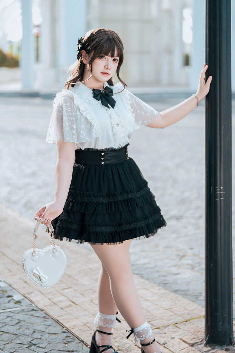 Black/White [Snow Velvet Bunny] Short Sleeves Double-Layered Ruffled Bow Lace Plus Size Japanese Sailor Collar Two-piece Set - Product - 7