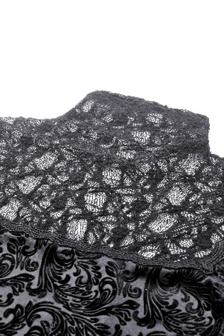 Black Ruffled Turtleneck Bishop Long Sleeves Floral Lace Patchwork Velvet Women's Gothic Blouse - Product - 15