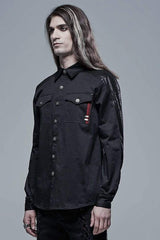Black Punk Ribbon Decoration Front Metal Skull Button Spliced Men's Shirt - Product - 2