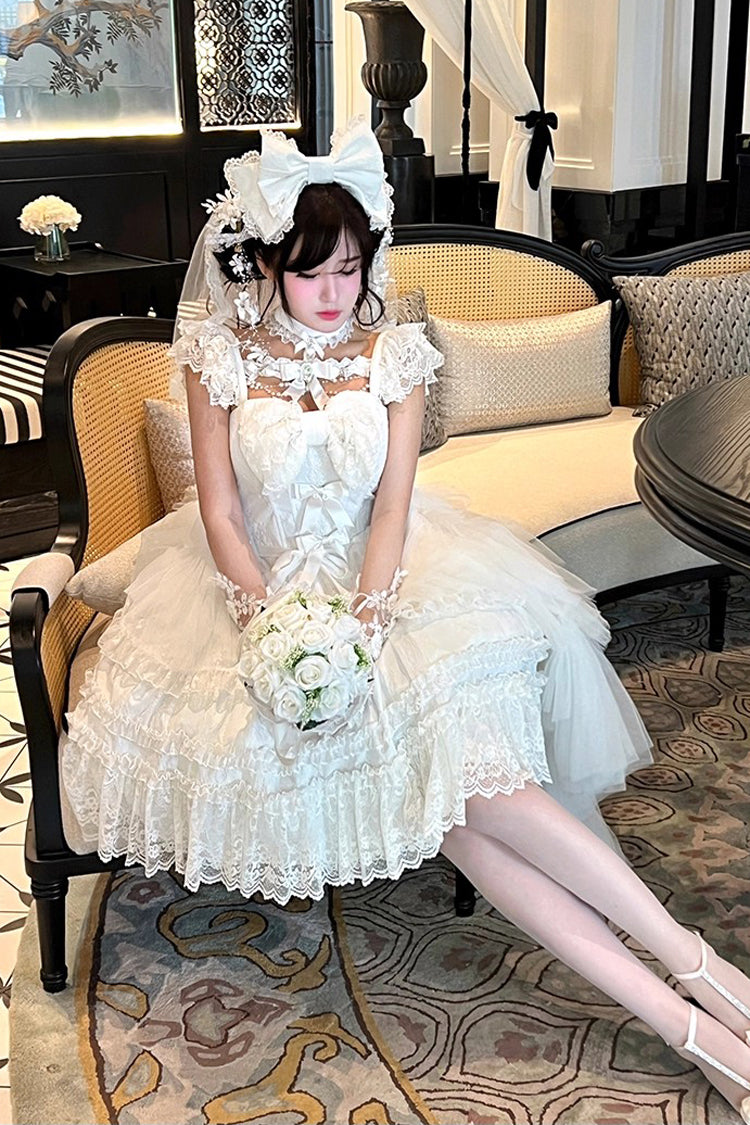 White [Jewelry Love Story] Halterneck Ruffle Hanayome Bowknot Lace Gothic Lolita Dress - Product - 11