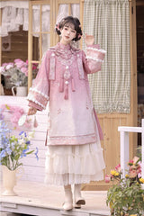 Pink Round Collar High Waisted Embroidery Women's Elegant Hanfu Dress Full Set - Product - 2