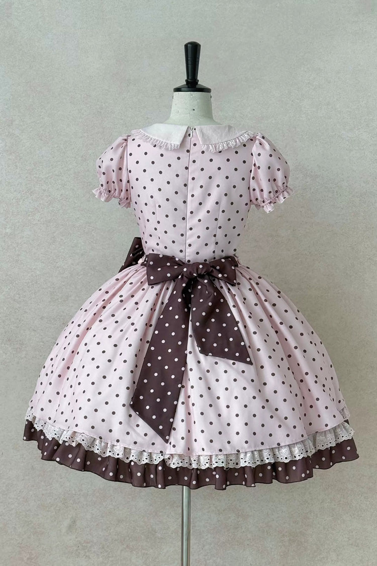 Pink [Canelé Gift Box] Round Collar Short Sleeves Double-Layered Printed Polka Dot Ruffled Open-Front Bow Asymmetric Sweet Lolita Dress Version 2 - Product - 3