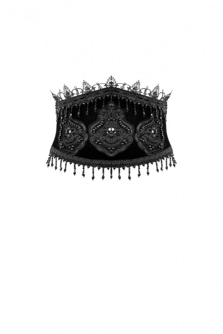 Black Embroidered Women's Gothic Royal Velvet Waist Cincher with Double Beaded Tassels - Product - 3