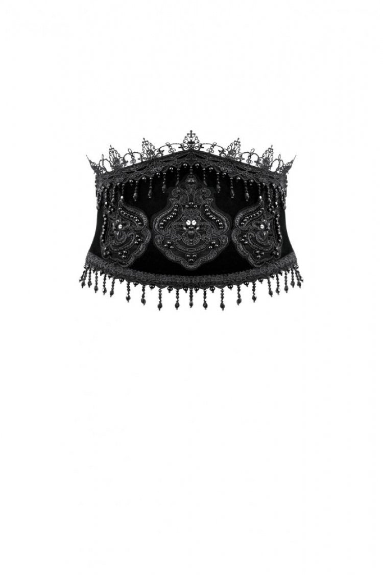 Black Embroidered Women's Gothic Royal Velvet Waist Cincher with Double Beaded Tassels - Product - 3