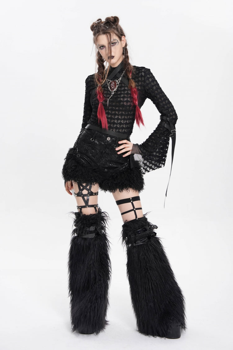 Black Plush Stitching Buckle Straps Women's Punk Shorts - Product - 5
