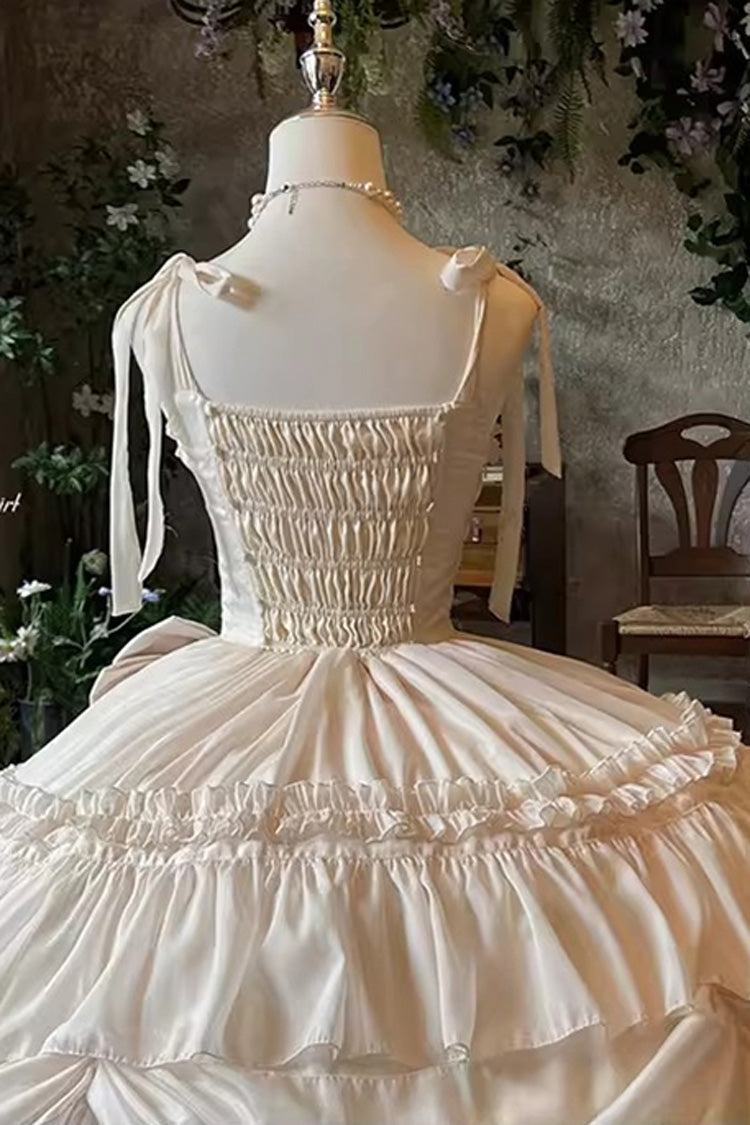 Apricot/Beige [Antique Bride] Sleeveless Multi-Layered Ruffled Bow Lace Sweet Elegant Gorgeous Full Skirt Lolita Jsk Dress - Product - 4