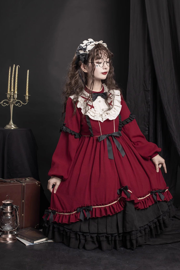 Red Long Sleeves Ruffle Bowknot Daily Sweet Princess Lolita Dress - Product - 2