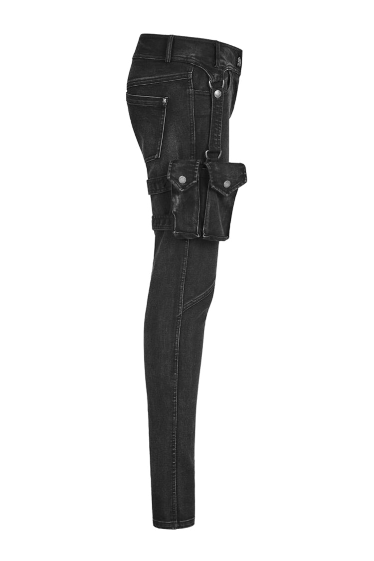 Black Removable Pocket Buttonhole Trim Skinny Stretch Denim Women's Punk Trouser - Product - 5